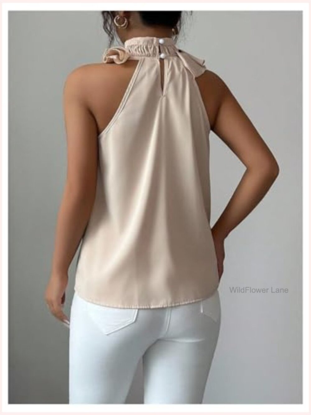 Elegant Blouse Ruffle Trim Sleeveless Mock Neck Halter Tank Top Office Outfit - Picture 3 of 6